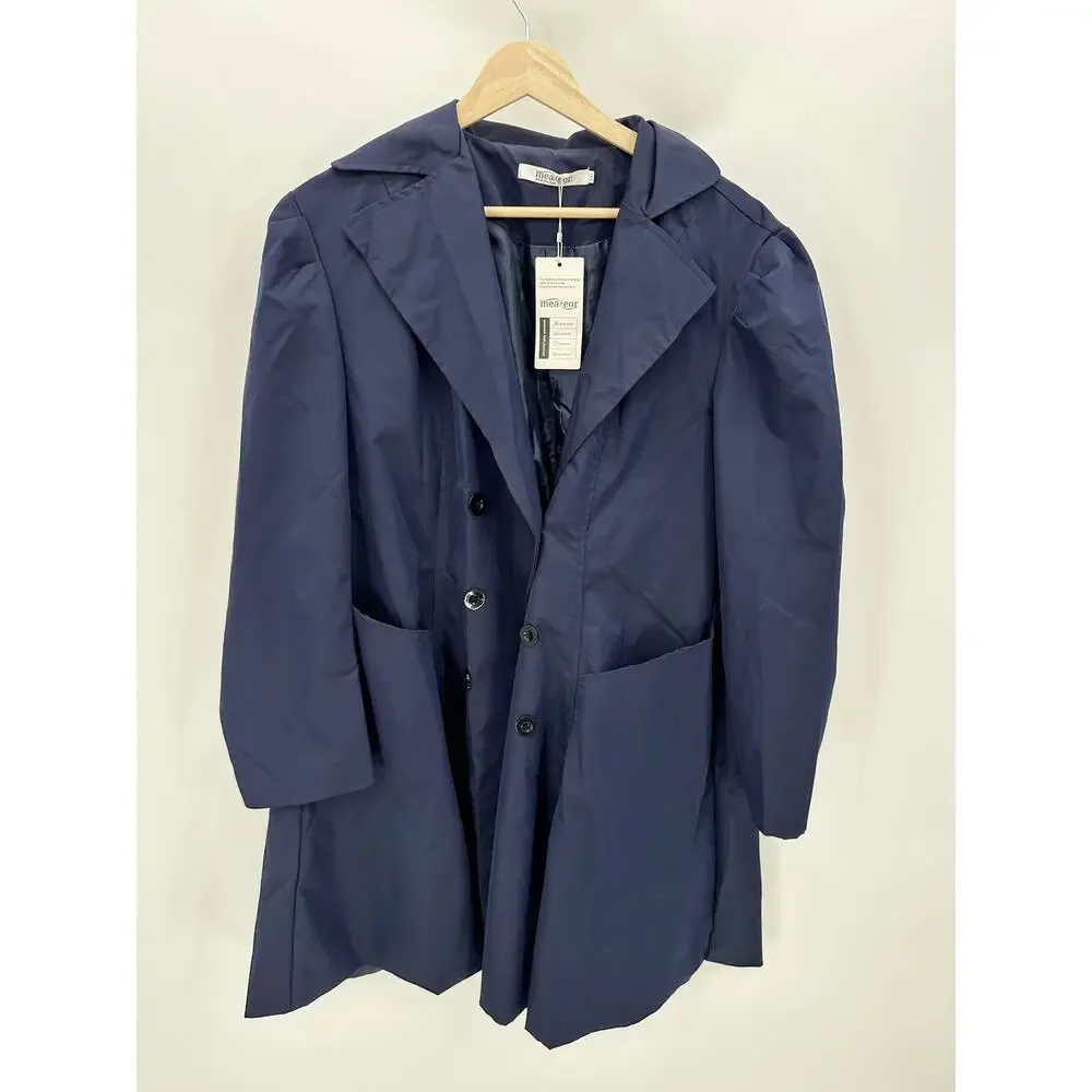 Meaneor Women Navy Blue Double Breasted Lightweight Jacket XXL‎ Trench Coat